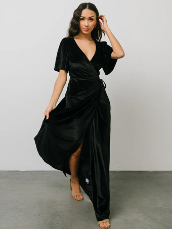 ブラック花嫁の母親のためのパーティードレス Vネック 半袖 Aライン フロントスリット フロア丈 結婚式用ゲストドレス