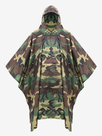 ダークグリーン迷彩ハイキングスポーツフード付きレインコートケープレインコート大人用
