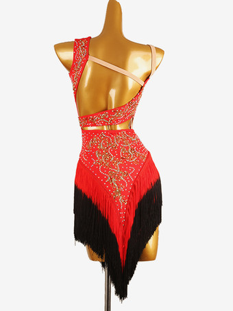 レッド ラテンダンスコスチューム ブラック レディース ライクラ スパンデックス ドレス バックレス セクシー フリンジ ラインストーン ラテンダンサー ダンスコスチューム