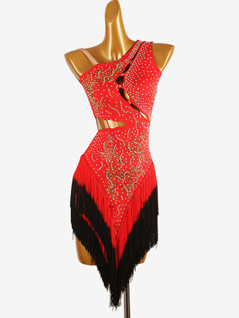 ラテンダンスコスチューム ブラック レディース ライクラ スパンデックス ドレス バックレス セクシー フリンジ ラインストーン ラテンダンサー ダンスコスチューム