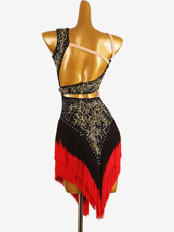 ラテンダンスコスチューム ブラック レディース ライクラ スパンデックス ドレス バックレス セクシー フリンジ ラインストーン ラテンダンサー ダンスコスチューム