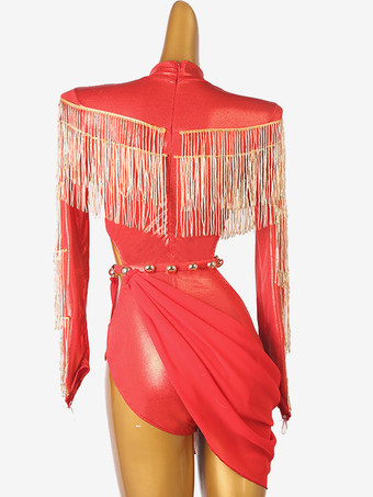 ラテンダンスコスチューム レッド レディース フリンジ アシンメトリー ライクラ スパンデックス ドレス ダンスウェア