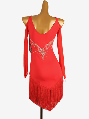 ラテンダンスコスチューム Ture レッド レディース ライクラ スパンデックス ドレス エレガント フリンジ ラテンダンサー ダンスコスチューム