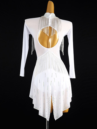 ラテンダンスドレス ホワイト レディース フリンジ ラインストーン バックレス エレガント ライクラ スパンデックス ドレス ダンスウェア