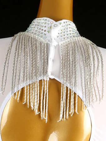 ラテンダンスドレス ホワイト レディース フリンジ ラインストーン バックレス エレガント ライクラ スパンデックス ドレス ダンスウェア