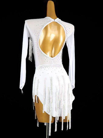 ラテンダンスドレス ホワイト レディース ライクラ スパンデックス ドレス 背中開き エレガント スパンコール フリンジ ラテンダンサー ダンスウェア