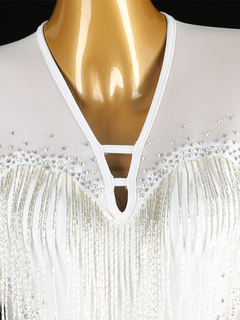 ラテンダンスドレス ホワイト レディース ライクラ スパンデックス ドレス 背中開き エレガント スパンコール フリンジ ラテンダンサー ダンスウェア