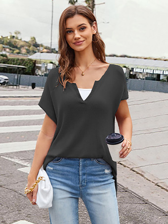 ブラック 半袖Tシャツ リトルVネック リブ編み ゆったりカジュアルTシャツ