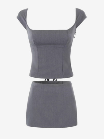 スカートセット 半袖 スクエアネック レースアップ オフィスカジュアル 2ピース コーデセット 2025