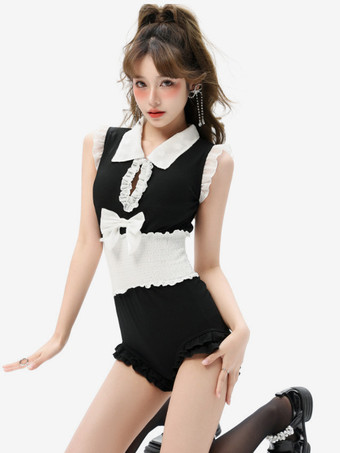 ブラック スイートロリータ衣装 エクリュホワイト フリル リボン ノースリーブ ジャンプスーツ