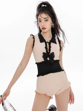 アイボリー スイートロリータ衣装 エクリュホワイト フリル リボン ノースリーブ ジャンプスーツ