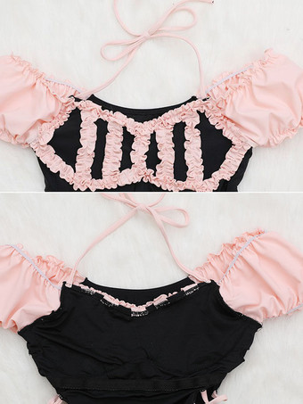 スイートロリータ衣装 ブラック フリル レースアップ ノースリーブ ジャンプスーツ