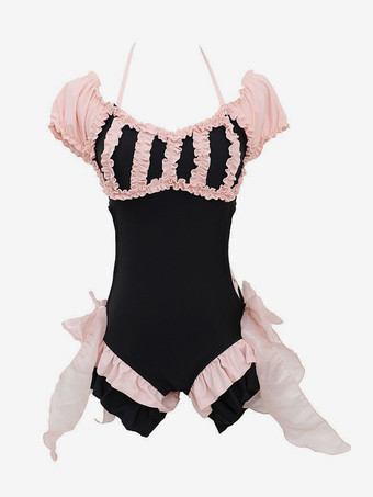 スイートロリータ衣装 ブラック フリル レースアップ ノースリーブ ジャンプスーツ