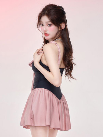 ロココ風ロリータ衣装 ピンクのリボン プリーツ ノースリーブ ジャンプスーツ