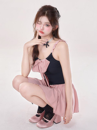 ロココ風ロリータ衣装 ピンクのリボン プリーツ ノースリーブ ジャンプスーツ