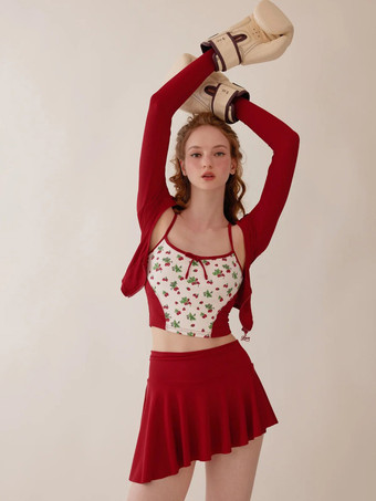 スイートロリータ衣装 赤い花柄リボン 長袖オーバーコート パンツ