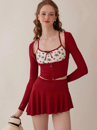 レッド スイートロリータ衣装 赤い花柄リボン 長袖オーバーコート パンツ