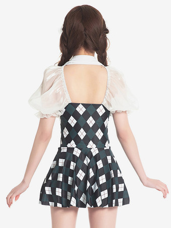 Süßes Lolita-Outfit dunkelgrün kariert Schleifen Rüschen kurzärmliges Kleid