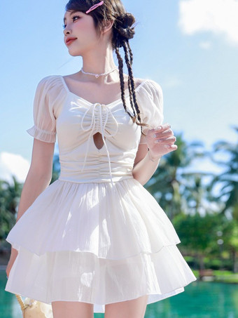 ホワイト スイートロリータ衣装 ホワイトリボン フリル 半袖 ジャンプスーツ