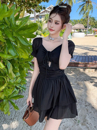 ブラック スイートロリータ衣装 ホワイトリボン フリル 半袖 ジャンプスーツ