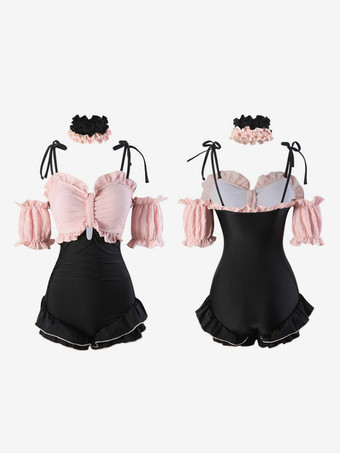 ロココ風ロリータ衣装 ブラック レースアップ フリル カラーブロック ノースリーブ ジャンプスーツ