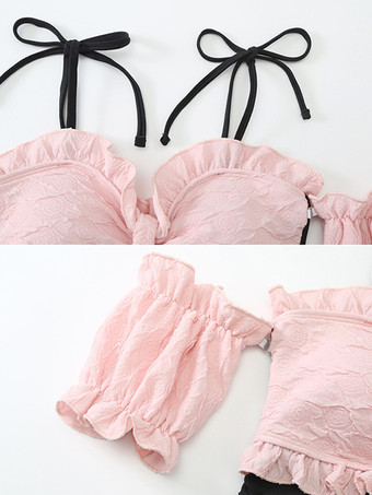 ロココ風ロリータ衣装 ブラック レースアップ フリル カラーブロック ノースリーブ ジャンプスーツ