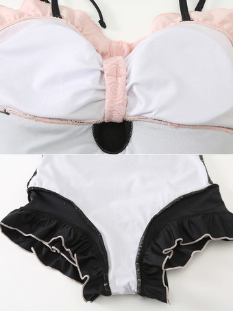 ロココ風ロリータ衣装 ブラック レースアップ フリル カラーブロック ノースリーブ ジャンプスーツ