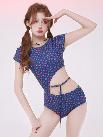 Blue Sweet Lolita Outfits Blue Lace Up Floral Print Short Sleeves Jumpsuit