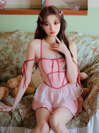 スイートロリータ衣装 ピンクのリボンとフリルのカラーブロックのノースリーブジャンプスーツ