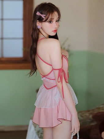 スイートロリータ衣装 ピンクのリボンとフリルのカラーブロックのノースリーブジャンプスーツ