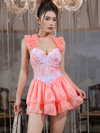 ピンクスイートロリータ衣装 ピンクのティアードフリル花柄ノースリーブジャンプスーツ