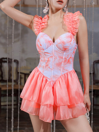 スイートロリータ衣装 ピンクのティアードフリル花柄ノースリーブジャンプスーツ