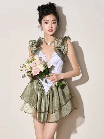 グリーン スイートロリータ衣装 ピンクのティアードフリル花柄ノースリーブジャンプスーツ