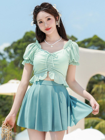 グリーン スイートロリータ衣装 エクリュホワイトフリル花柄プリント半袖トップスパンツ