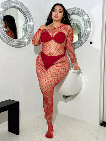 レッド ストレッチ プラスサイズ ストッキング 長袖 ナイロン セクシー ボディストッキング
