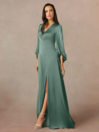 アボカドグリーンマザードレス Vネック 7分袖 Aライン プリーツ フロアレングス ウェディングゲストドレス