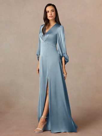 マザードレス Vネック 7分袖 Aライン プリーツ フロアレングス ウェディングゲストドレス