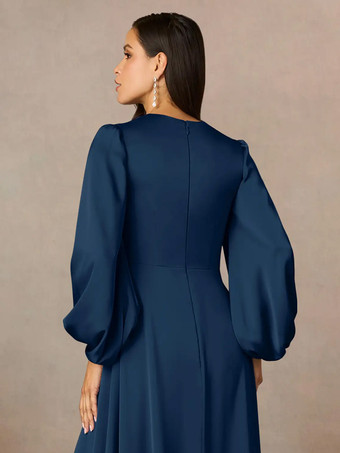 マザードレス Vネック 7分袖 Aライン プリーツ フロアレングス ウェディングゲストドレス