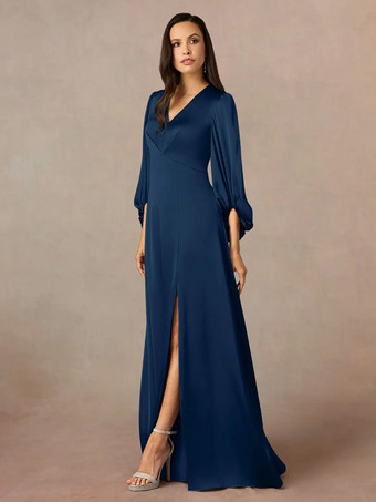 マザードレス Vネック 7分袖 Aライン プリーツ フロアレングス ウェディングゲストドレス