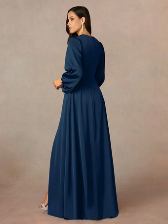 マザードレス Vネック 7分袖 Aライン プリーツ フロアレングス ウェディングゲストドレス