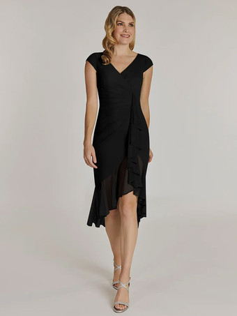 ブラックマザードレス Vネック 半袖 ショートプリーツ ウェディングゲストドレス