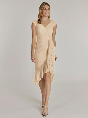 シャンパンマザードレス Vネック 半袖 ショートプリーツ ウェディングゲストドレス