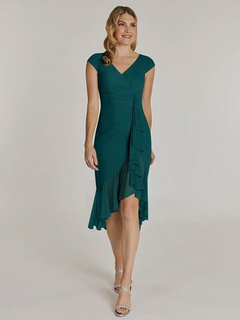 ティールマザードレス Vネック 半袖 ショートプリーツ ウェディングゲストドレス