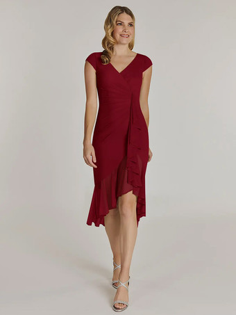 バーガンディーマザードレス Vネック 半袖 ショートプリーツ ウェディングゲストドレス