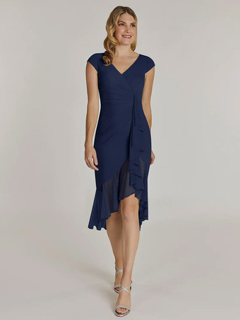 ダークネイビーマザードレス Vネック 半袖 ショートプリーツ ウェディングゲストドレス