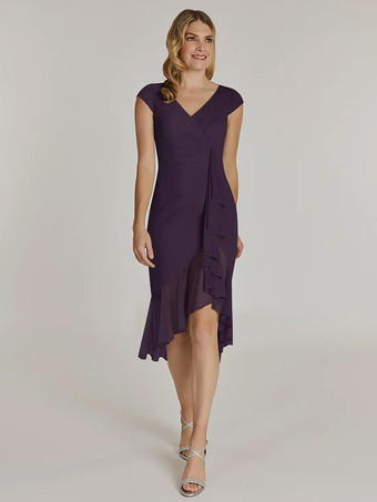 プラムマザードレス Vネック 半袖 ショートプリーツ ウェディングゲストドレス