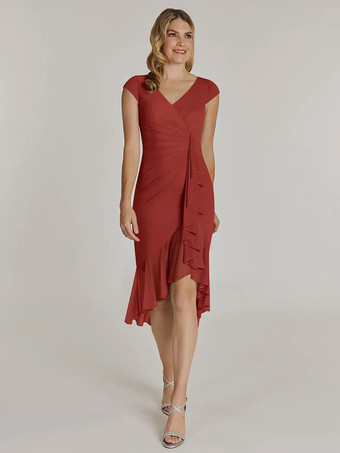 ブリックレッドマザードレス Vネック 半袖 ショートプリーツ ウェディングゲストドレス