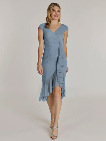 グレーブルーマザードレス Vネック 半袖 ショートプリーツ ウェディングゲストドレス