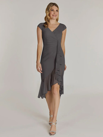 グレイマザードレス Vネック 半袖 ショートプリーツ ウェディングゲストドレス