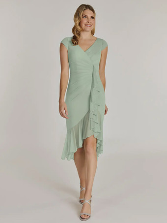 セージグリーンマザードレス Vネック 半袖 ショートプリーツ ウェディングゲストドレス